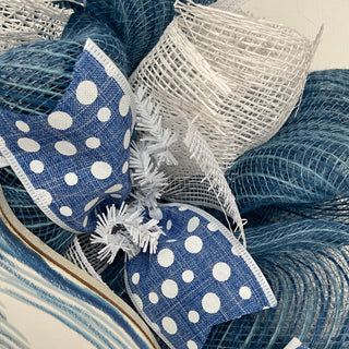 Beach Wreath Blue And White Burlap Coastal Sea Shell Handmade Deco Mesh