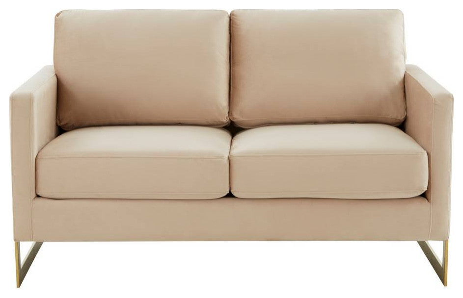 LeisureMod LA55BG Lincoln Beige Modern Mid-Century Velvet Loveseat Gold Frame