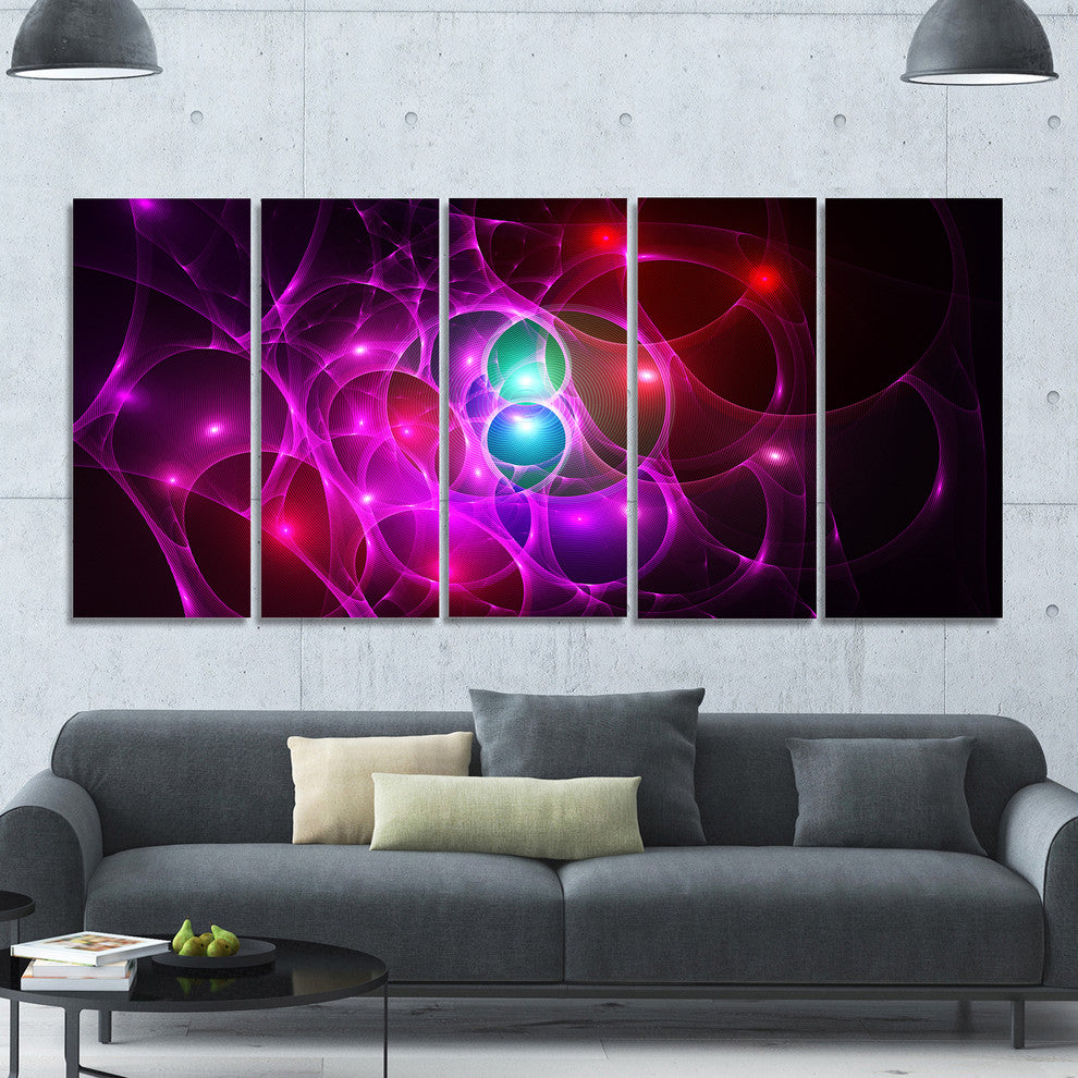 Pink Glowing Bubbles Time, Abstract Wall Art Canvas, 60"x28", 5 Panels