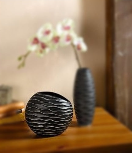 Asian-Inspired Wavy Flower Vase, Black, Wide