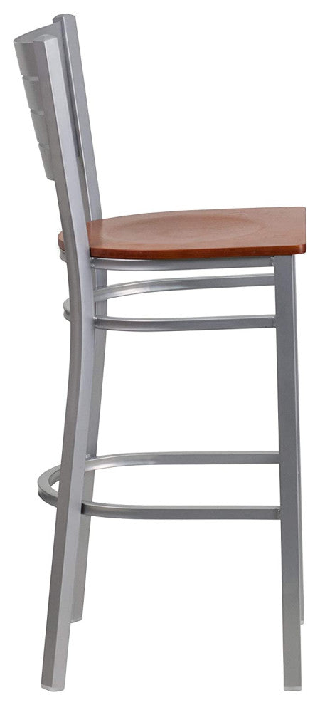 Set of 2 Bar Stool, Silver Metal Frame With Ladder Backrest, Cherry Wood Seat