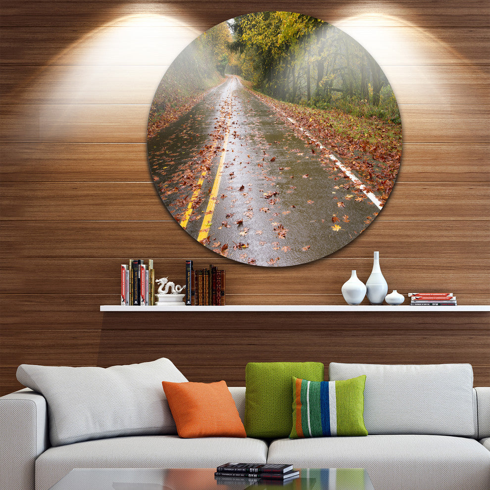 Wet Rainy Road In Forest, Landscape Photo Round Wall Art, 36"