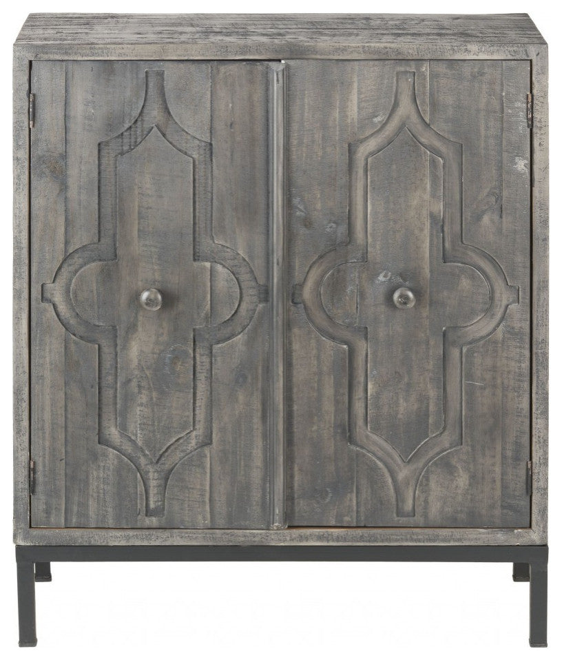 Rustic Gray Wash Scroll Wood Two Door Accent Cabinet