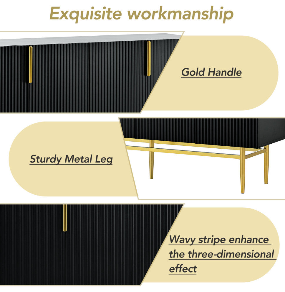 TATEUS 60" Modern Elegant 4-door Sideboard,Gold Metal Handle Storage Cabinet, Black