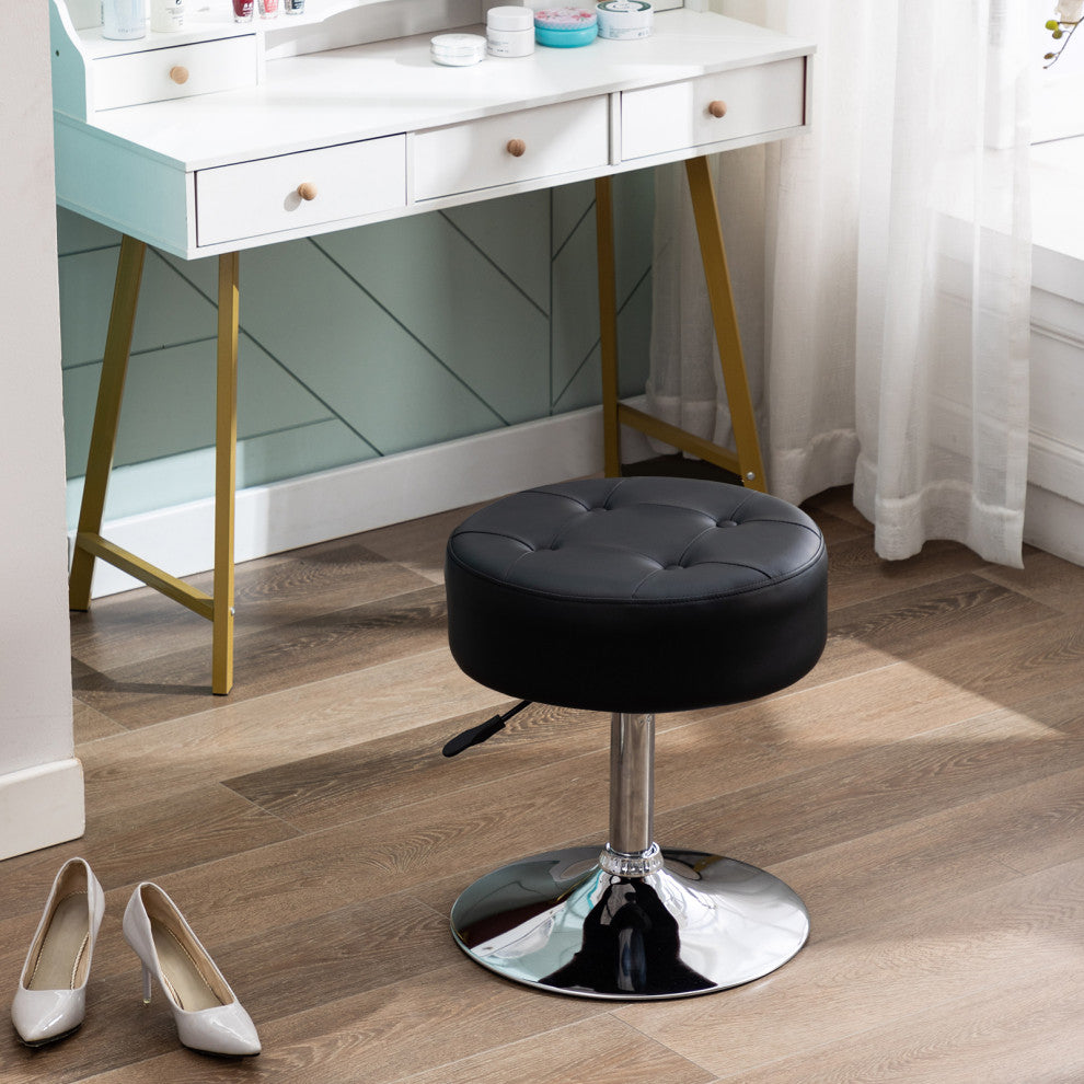 Round Swivel Faux Leather Vanity Stool, Black, Standard