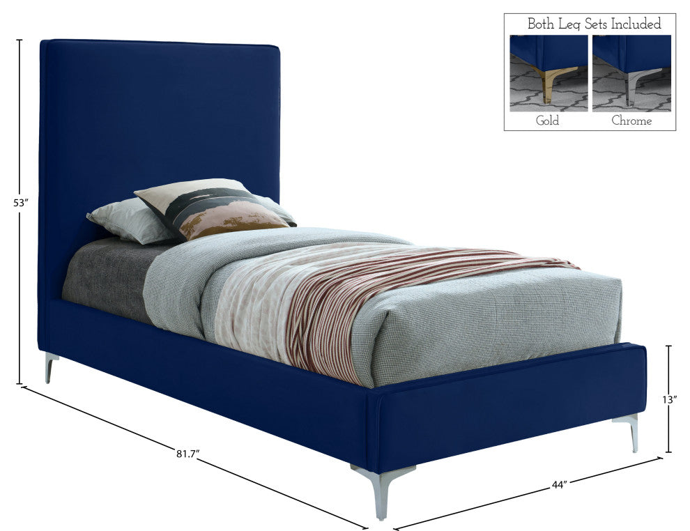 Geri Velvet Upholstered Bed, Navy, Twin