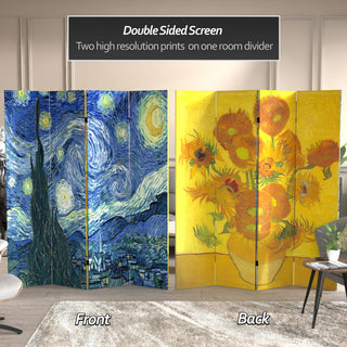 6' Tall Double Sided Works of Van Gogh Canvas Room Divider 4 Panel
