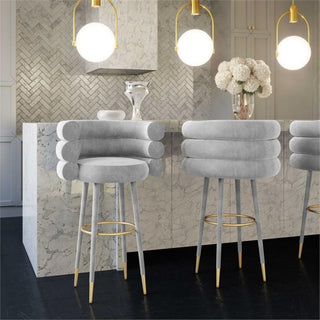 Maklaine 30.3"H Velvet and Plywood Bar Stool in Gray/Gold Finish