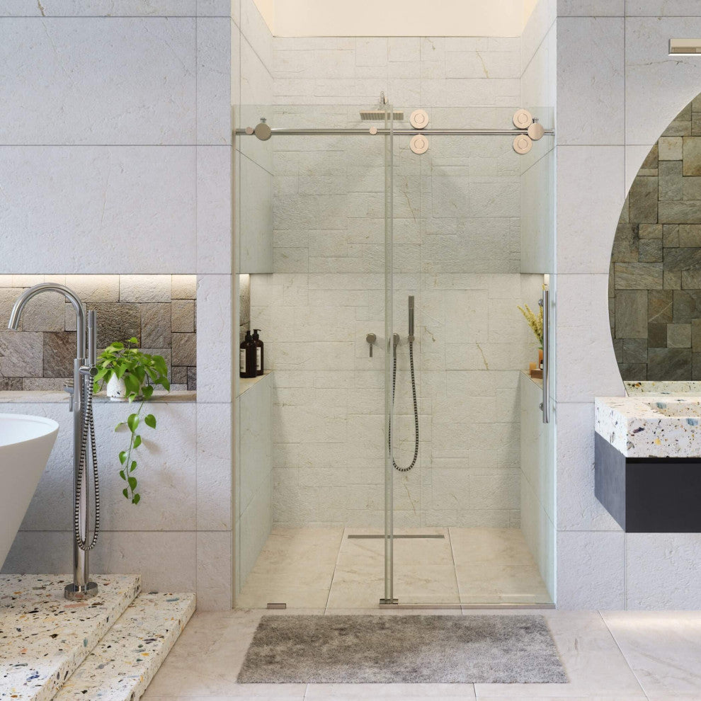 Frameless Clear Sliding Shower Door With Tempered Glass - Shower Bathroom Door, Polished Chrome, 60" X 75", Single Sliding Door