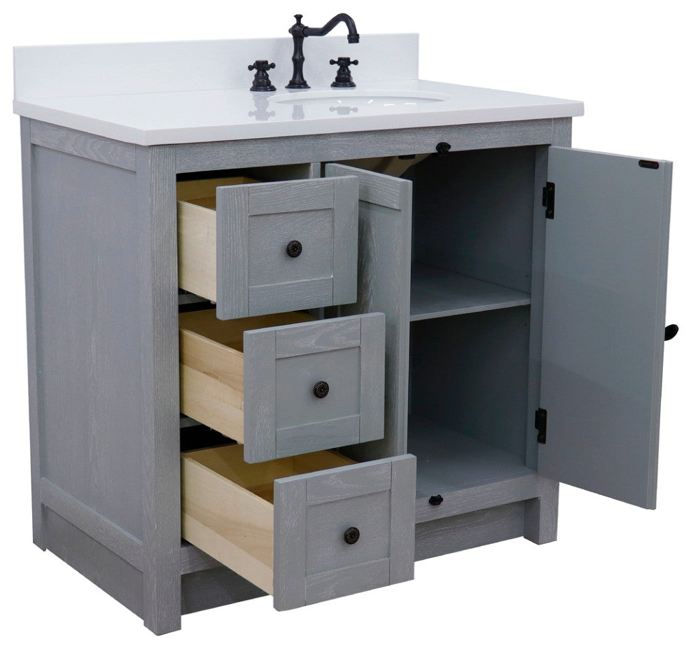 37" Vanity, Gray Ash With Engineered Stone Top, Right Doors/Right Oval Sink
