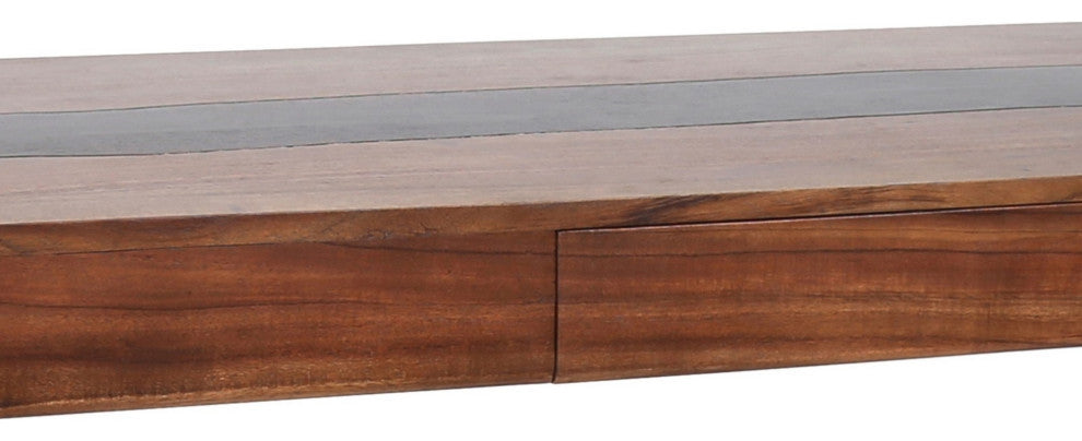 52 Inch Writing Desk, Natural Textured Acacia Wood, Burnished Brown