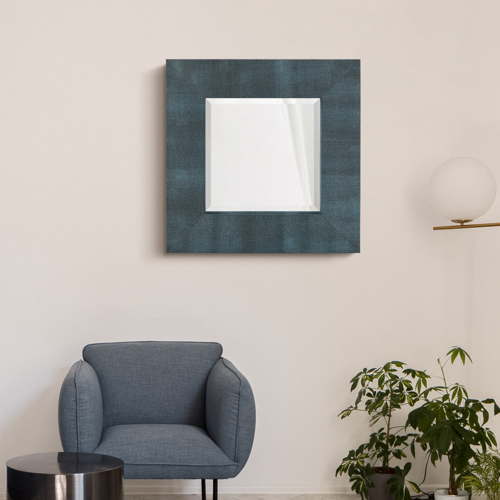 Beveled Wall Mirror, Black on Blue Metallic Shagreen Leather Framed Mirror