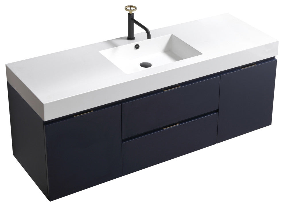 Bliss 60" Single Sink Blue Wall Mount Modern Bathroom Vanity