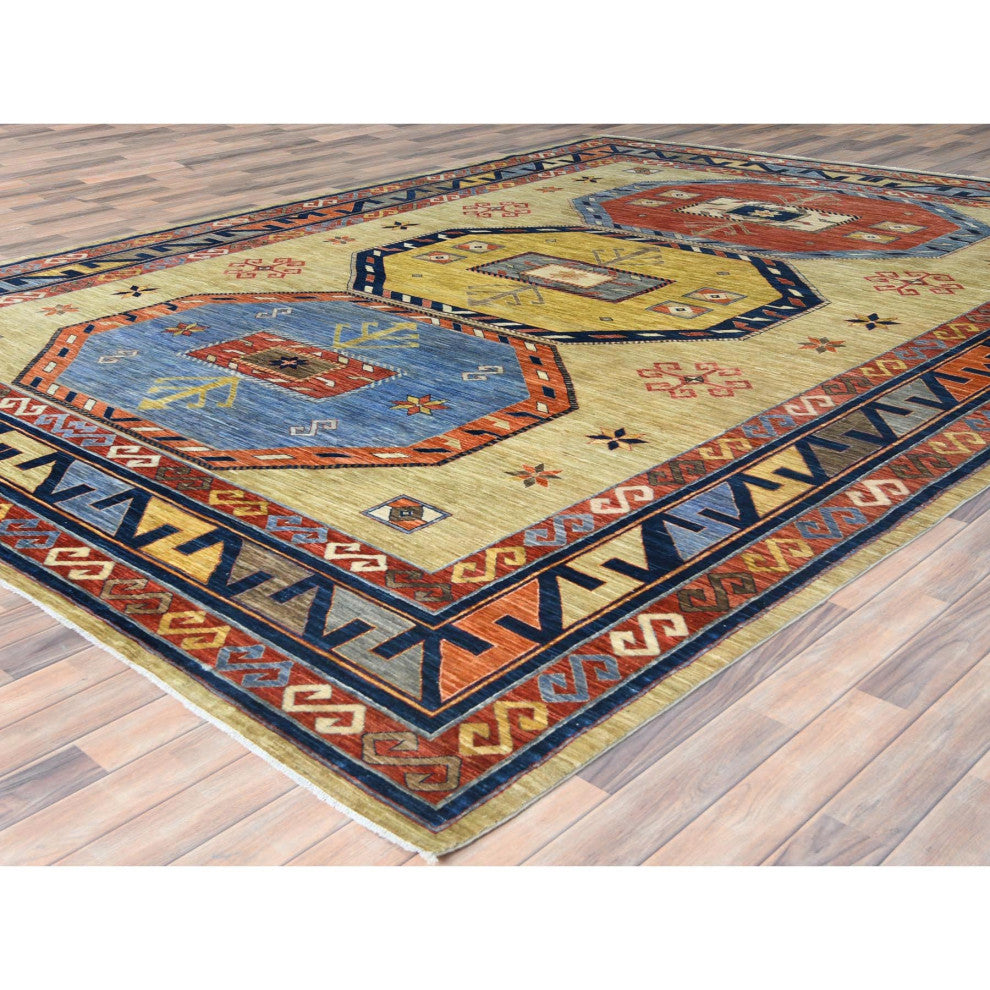 Green Soft Wool Hand Knotted Armenian Inspired Design 200 KPSI Rug, 10'2"x13'6"