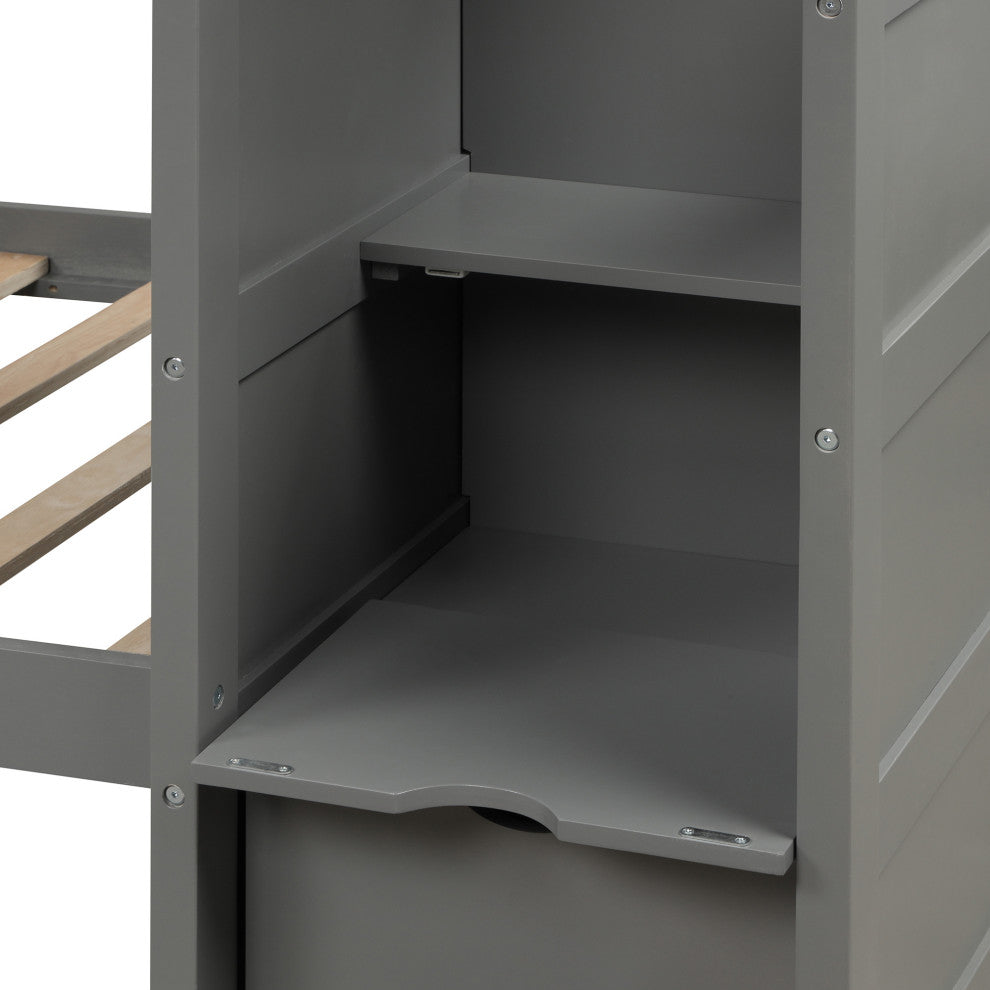 Twin over Full/Twin Bunk Bed, Convertible Bottom Bed, Storage Shelves, Gray