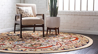 Country and Floral Kashan 8' Round Creme Area Rug