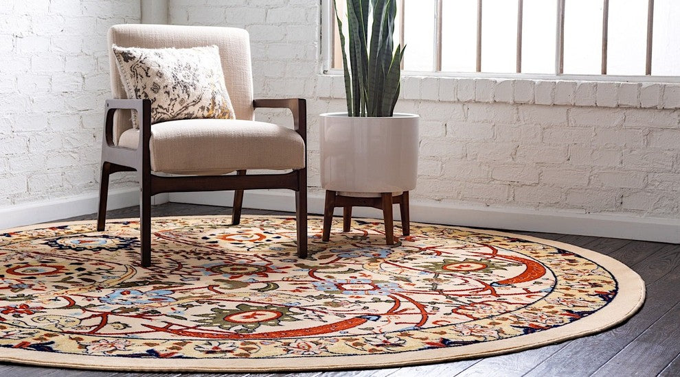 Country and Floral Kashan 8' Round Creme Area Rug