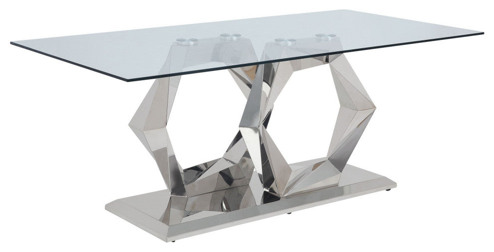 Benzara BM230721 Glass Top Dining Table With Steel Double Hexagonal Base, Chrome