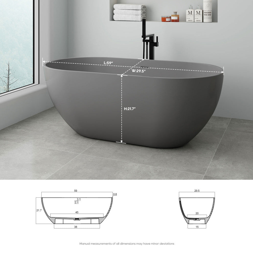 Stone Resin Matte Freestanding Soaking Bathtub, Gray, 59 in.