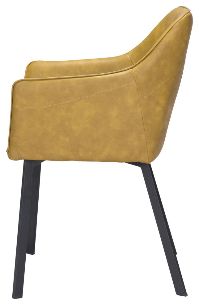 Dining Chair, Set of 2, Faux Vinyl Leather, Steel, Yellow, Black, Mid Century