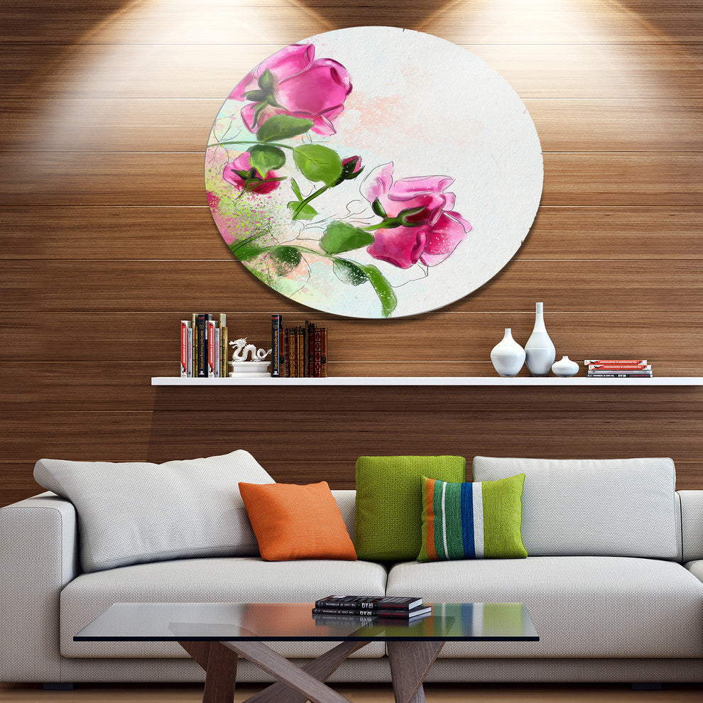 Purple Roses With Green Leaves, Floral Disc Metal Wall Art, 11"