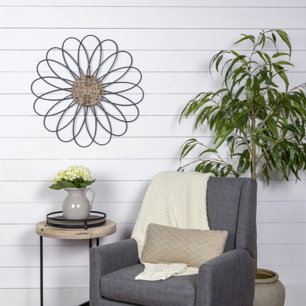 Carved Wood and Metal Flower Wall Decor