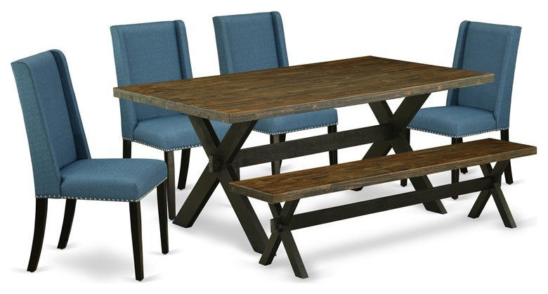 X677Fl121-6, 6-Piece Set Table and Jacobean Dining Bench and 4 Chairs, Black