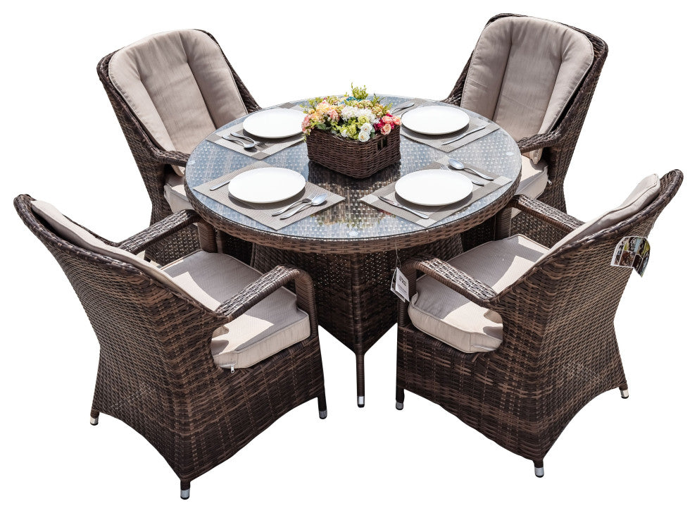 5-Piece Patio Wicker Round Table Dining Set with 4 Cushioned Armchairs