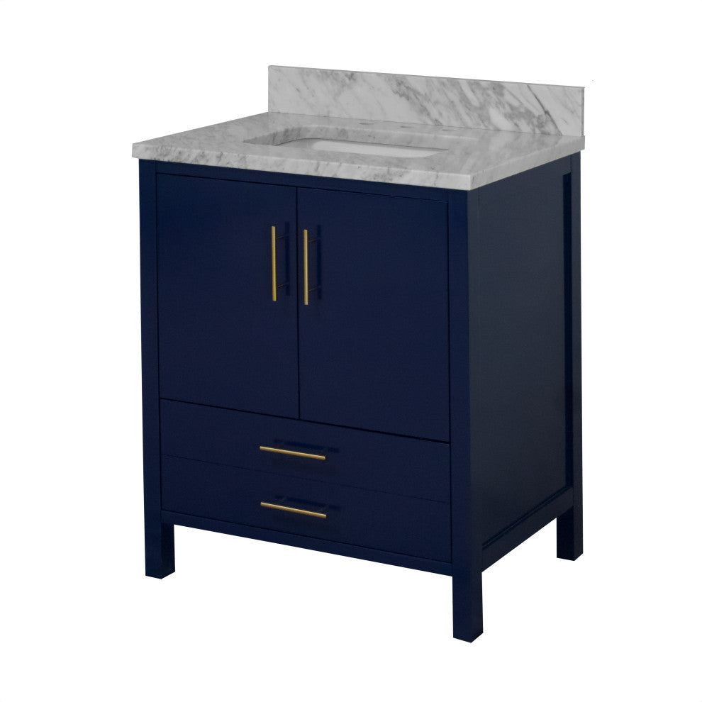 California 30" Bathroom Vanity, Royal Blue, Carrara Marble