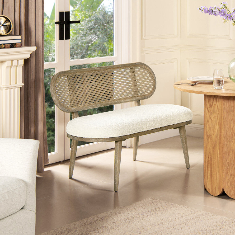 Havana 48" Boucle Upholstered Cane Rattan Bench, Ivory White