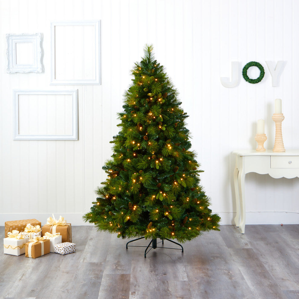 6.5' North Carolina Pine Faux Xmas Tree W/Lights, Bendable Branches & Pinecones