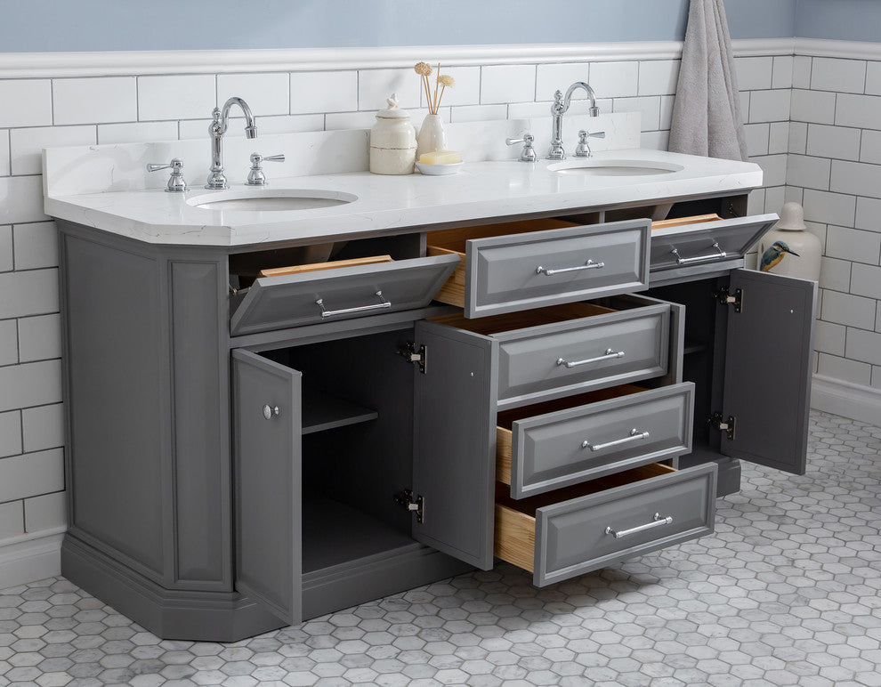 72" Palace Quartz Carrara Cashmere Gray Vanity With Hardware, Faucets in Chrome