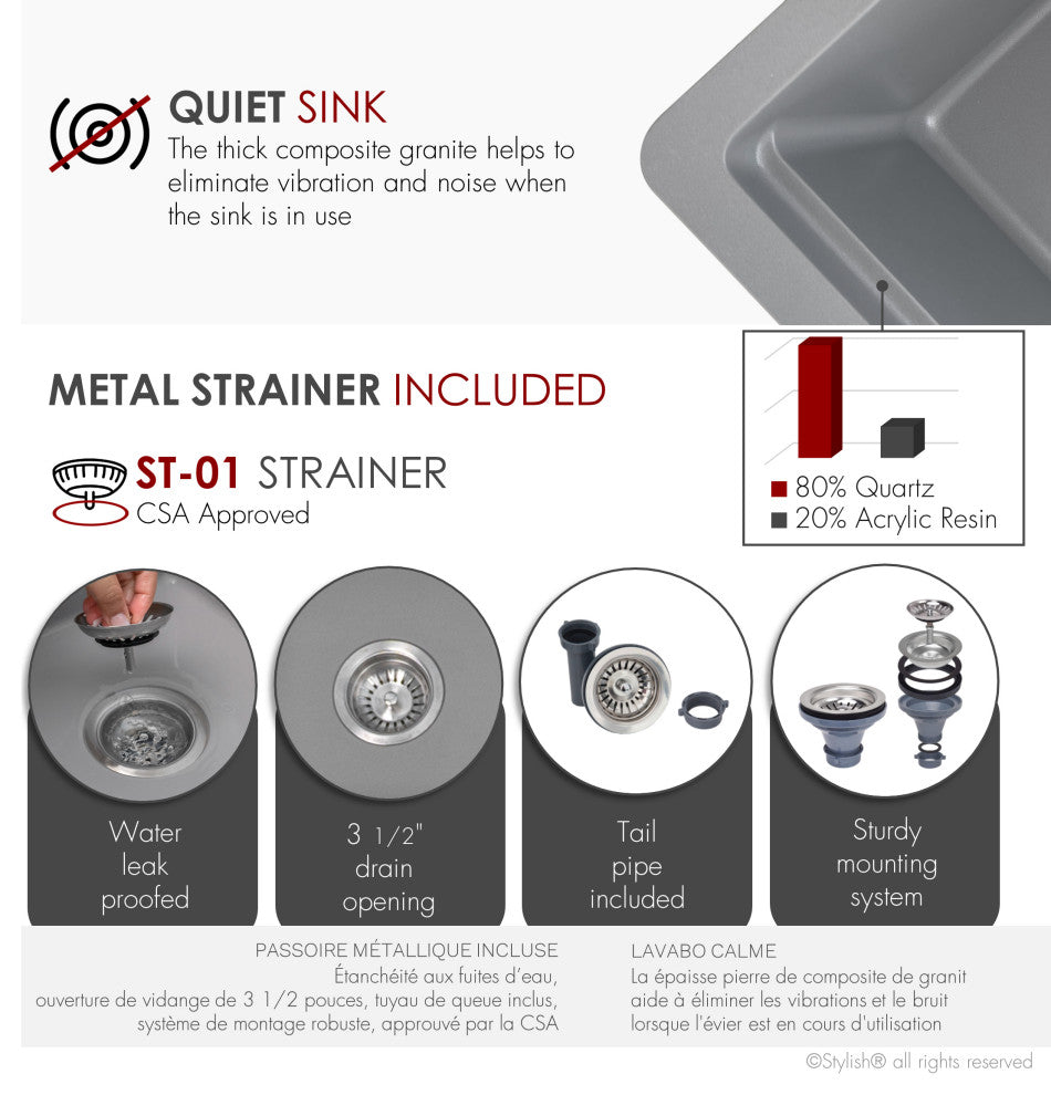 Stylish 28" Dual Mount Single Bowl Gray Granite Kitchen Sink