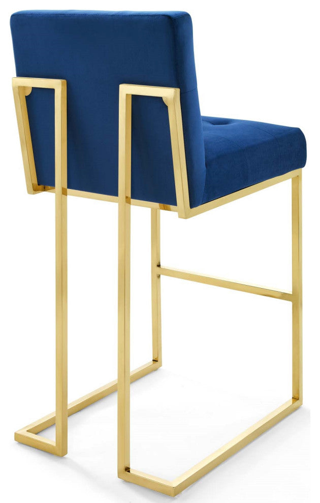 Navy Blue Velvet Bar Stool, Heidi Giselle Gold Barstool, Luxe Glam Golden Tufted