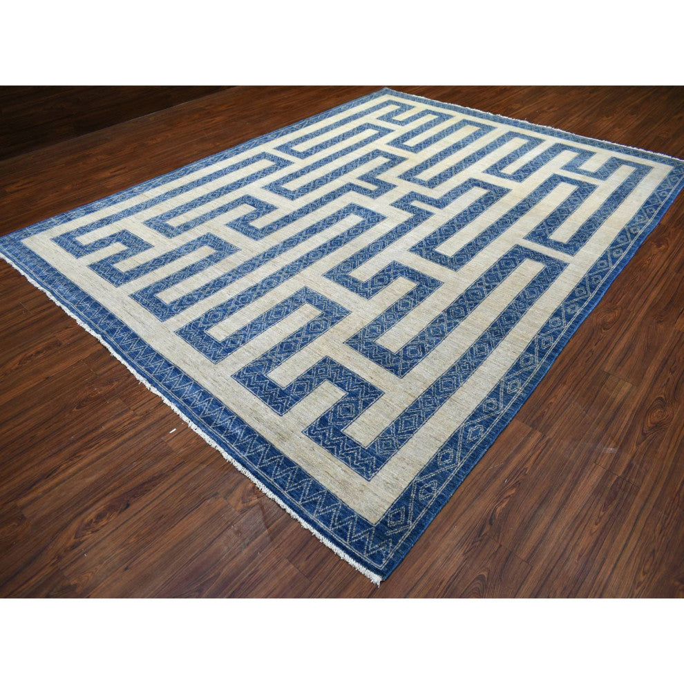 Denim Blue Maze Design With Berber Influence Hand Knotted Wool Rug, 9'2"x11'9"