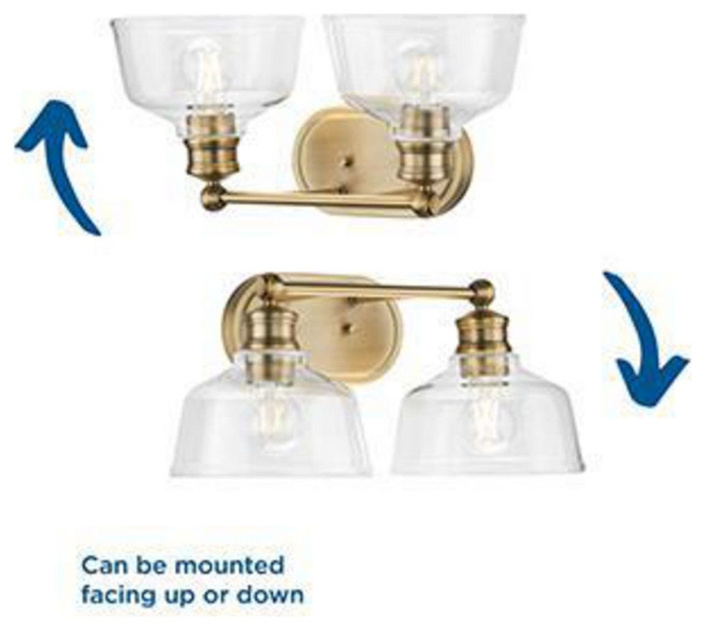 Singleton 2-Light 17" Vintage Brass Farmhouse Vanity Light, Clear Glass Shades