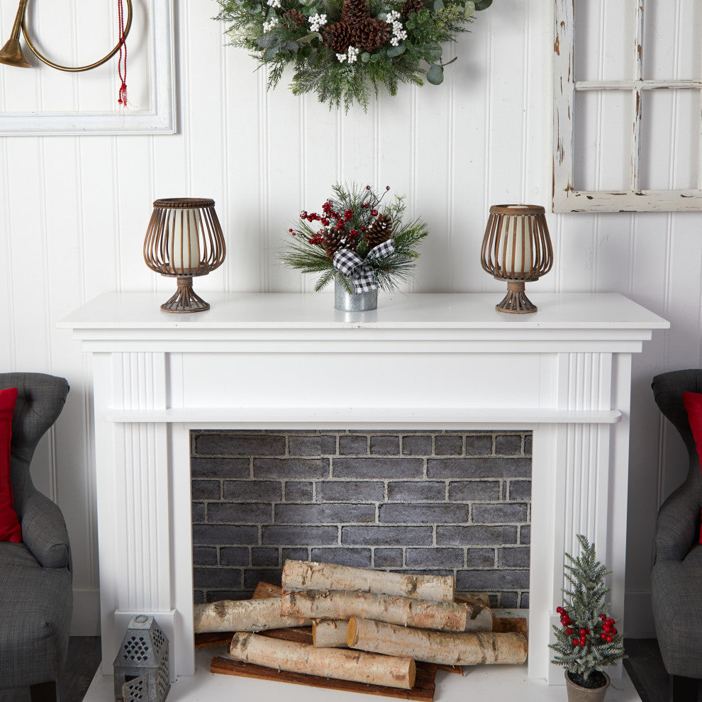 12" Frosted Pinecones and Berries Faux Arrangement, Vase W/ Decorative Plaid Bow