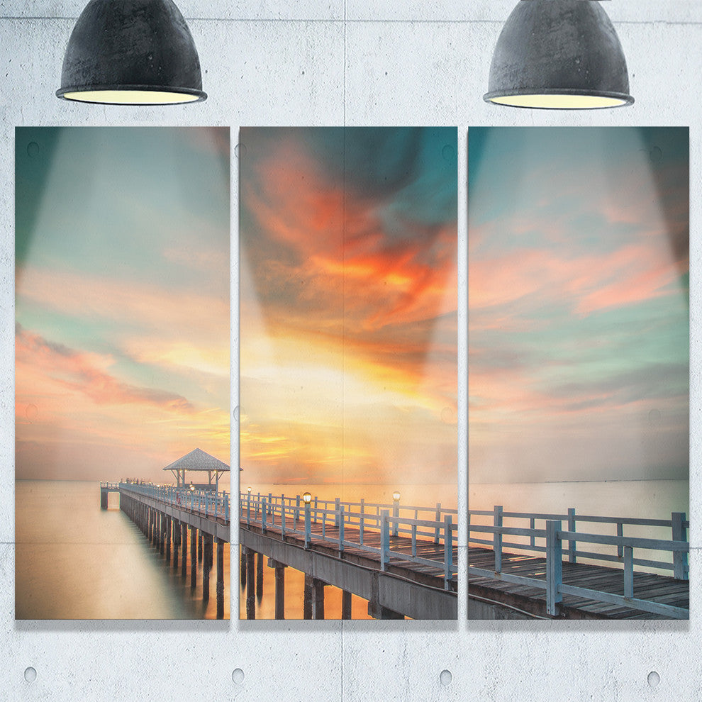 "Wooden Bridge Under Colorful Sky" Sea Bridge Metal Wall Art, 3 Panels, 36"x28"