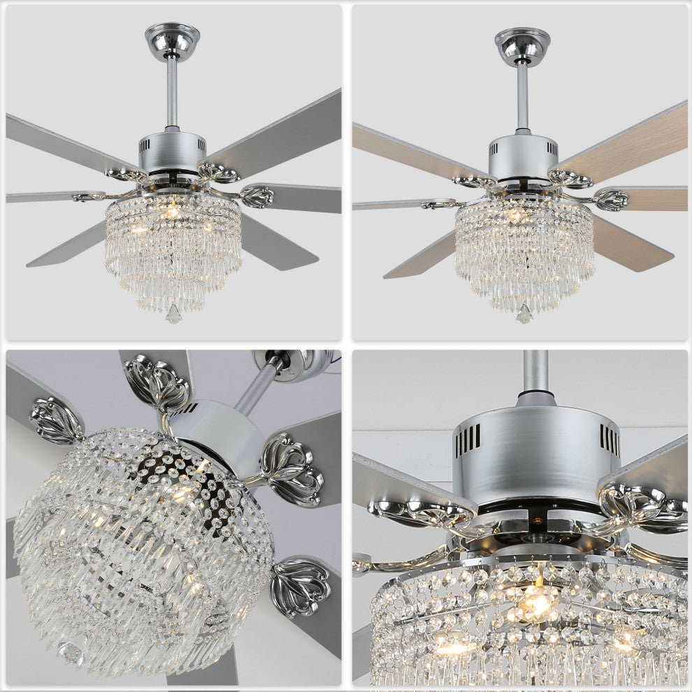 CurveCurio 65" Lagre Ceiling Fan w Crystal Light Shade and Wood Blades, Chrome