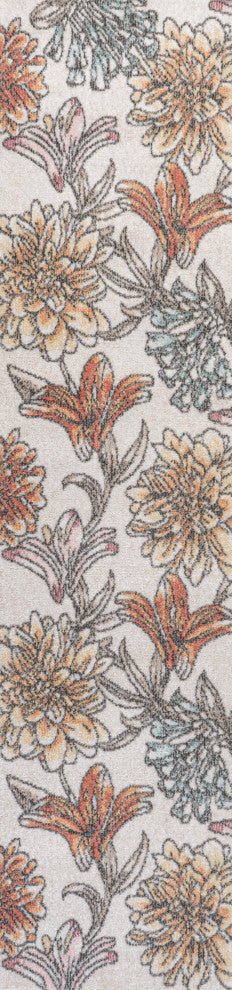 Giglio Modern Botanical Flower Area Rug, Orange/Blue/Cream, 2 X 8