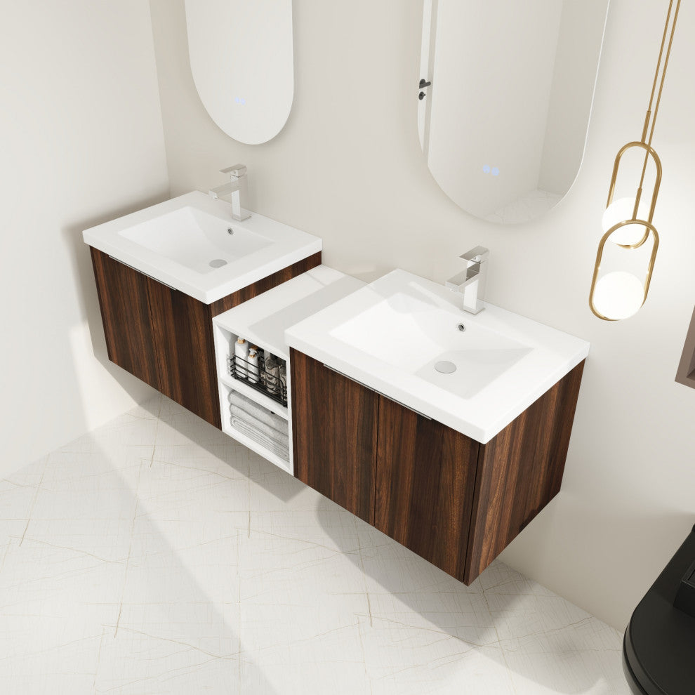 BNK Wall-Mounted Bathroom Cabinet Set with Soft-Close Doors, California Walnut, 60inch