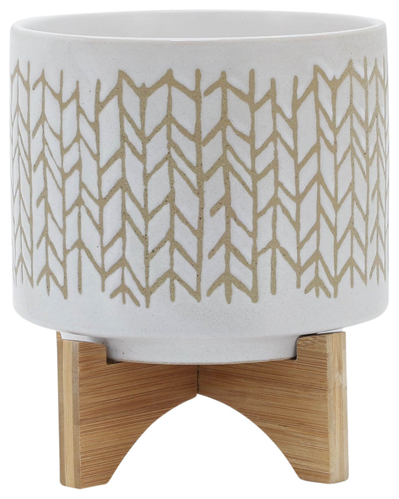 8" Chevron Planter With Wood Stand, Beige