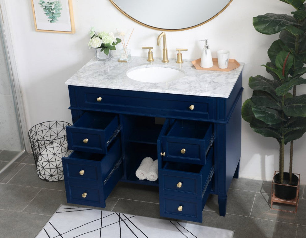 Home Living Vanity with Carrara White Marble Countertop, Blue, 42", Single Sink
