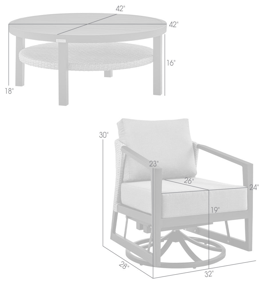 Aileen 3-Piece Patio Seating Set, Aluminum With Gray Wicker And Cushions