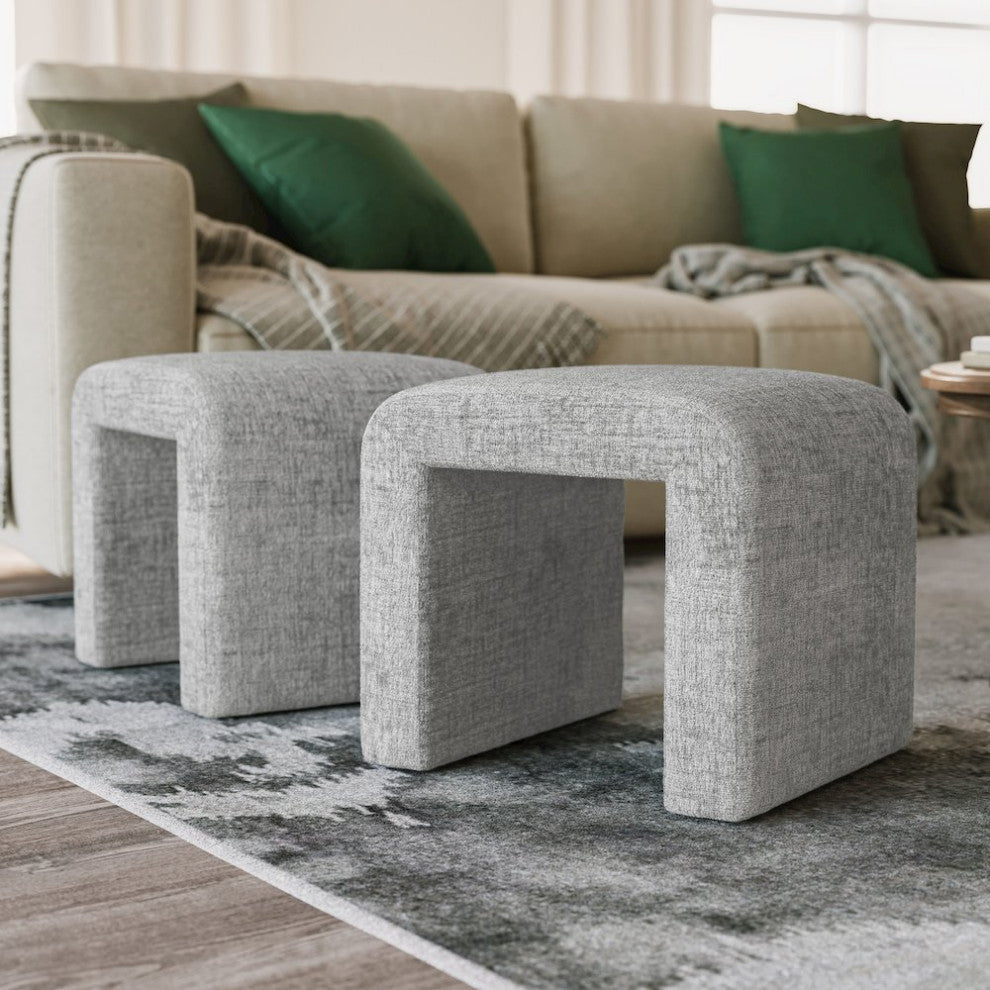 Luxury Curved Upholstered Waterfall Jacquard Petite Ottoman Bench - Set of 2