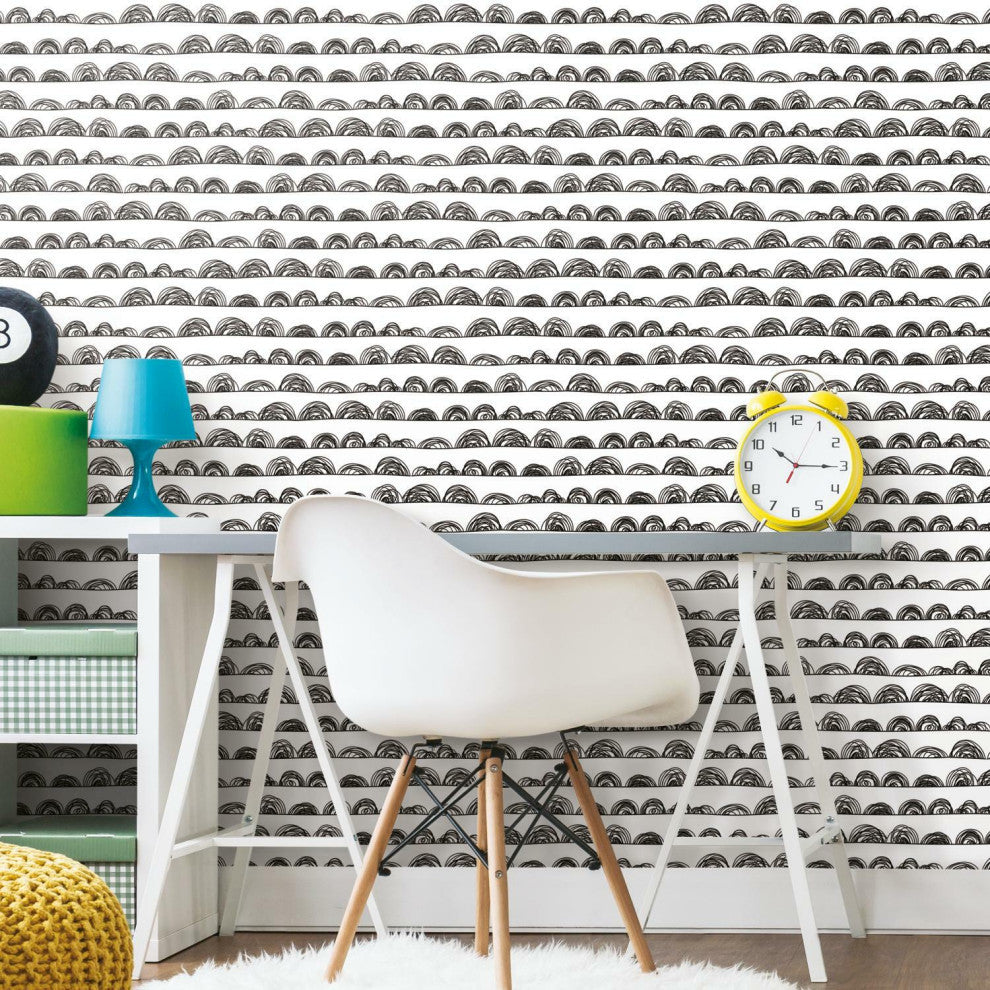 Black Doodle Scallop Peel & Stick Wallpaper