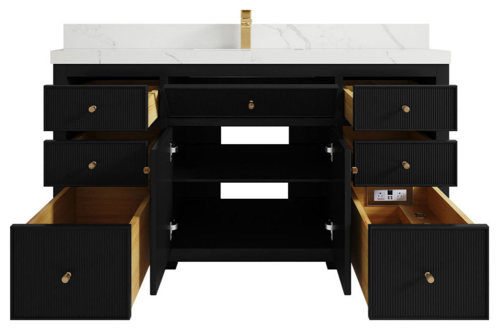 Sonoma 60 Single Sink Reeded Bathroom Vanity in Black 2" Calacatta Laza