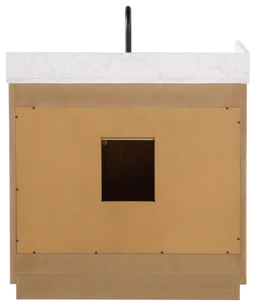 Gavino Vanity With Grain White Composite Stone Top, Light Brown/Matte Black, 36", With Mirror