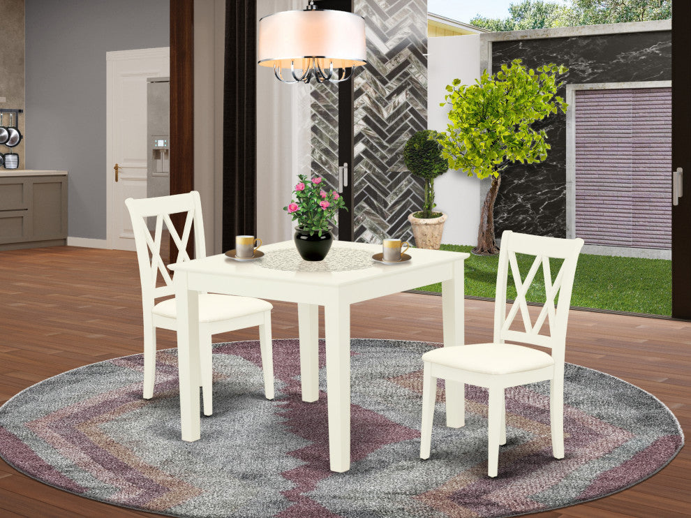 3Pc Dinette Set, Square Kitchen Table, Two Dining Chairs, Linen White Finish