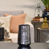 Ceramic Round Vase With Combed Design Body, Electroplated Silver, Medium